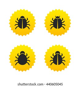 Bugs vaccination icons. Virus software error sign symbols. Yellow stars labels with flat icons. Vector