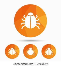 Bugs vaccination icons. Virus software error sign symbols. Triangular low poly buttons with shadow. Vector