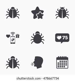 Bugs vaccination icons. Virus software error sign symbols. Flat talking head, calendar icons. Stars, like counter icons. Vector