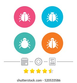 Bugs vaccination icons. Virus software error sign symbols. Calendar, cogwheel and report linear icons. Star vote ranking. Vector