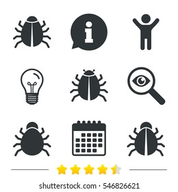 Bugs vaccination icons. Virus software error sign symbols. Information, light bulb and calendar icons. Investigate magnifier. Vector