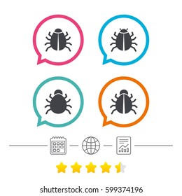 Bugs vaccination icons. Virus software error sign symbols. Calendar, internet globe and report linear icons. Star vote ranking. Vector