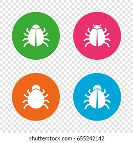 Bugs vaccination icons. Virus software error sign symbols. Round buttons on transparent background. Vector