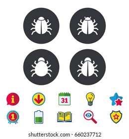 Bugs vaccination icons. Virus software error sign symbols. Calendar, Information and Download signs. Stars, Award and Book icons. Light bulb, Shield and Search. Vector