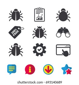 Bugs vaccination icons. Virus software error sign symbols. Browser window, Report and Service signs. Binoculars, Information and Download icons. Stars and Chat. Vector