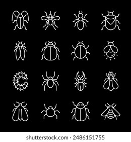 Bugs, white line icons. Various insects with wings and legs, perfect for entomology projects or pest control visuals. Symbols on black background. Editable stroke.