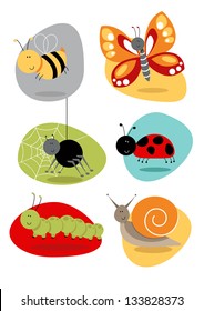 Bugs/Insects set cute characters Cartoon bugs and insect illustrations including bee, butterfly, spider, snail, spider, caterpillar, ladybird