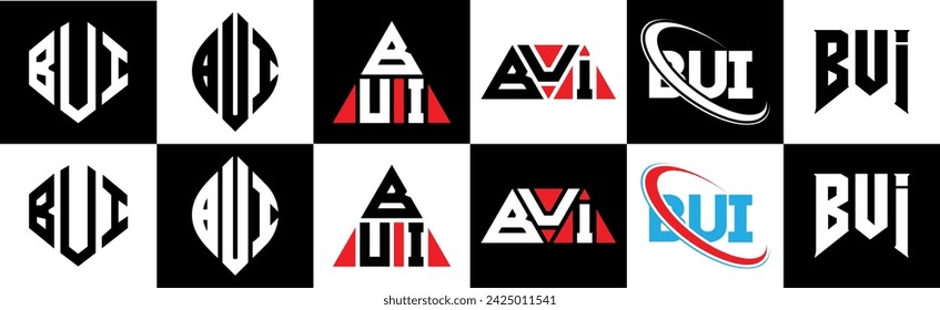 BUI letter logo design in six style. BUI polygon, circle, triangle, hexagon, flat and simple style with black and white color variation letter logo set in one artboard. BUI minimalist and classic logo