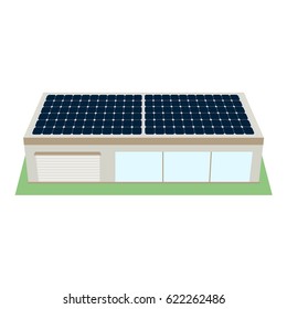 Buiding with sun panels isolated on white background. 3D icon of ecological house for web. Produse of clean energy. Vector illustration in flat style.
