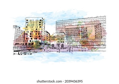 Buiilding view with landmark of Hamburg is the 
city in Germany. Watercolor splash with hand drawn sketch illustration in vector. 