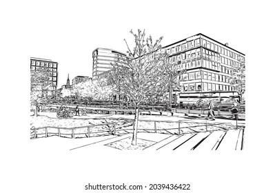 Buiilding view with landmark of Hamburg is the 
city in Germany. Hand drawn sketch illustration in vector. 