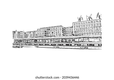 Buiilding view with landmark of Hamburg is the 
city in Germany. Hand drawn sketch illustration in vector. 