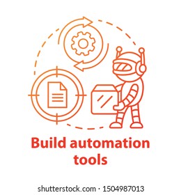 Build automation tools concept icon. Robot helper setup. Information technology. System maintenance. Robotic process idea thin line illustration. Vector isolated outline drawing