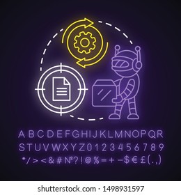 Build automation tools neon light concept icon. Robot helper setup. System maintenance. Robotic process idea. Glowing sign with alphabet, numbers and symbols. Vector isolated illustration