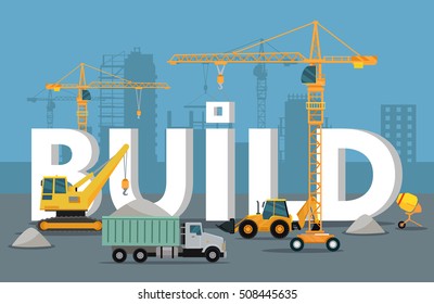 Build banner concept in flat style. Modern building process. Pouring concrete. Construction of residential houses banners set. Big building area. Icons of construction machinery. Vector illustration