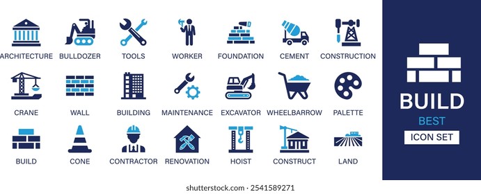 Build best solid icon set collection. Architecture, bulldozer, tools, foundation, cement, construction, crane, wall, building, palette and vector illustration.