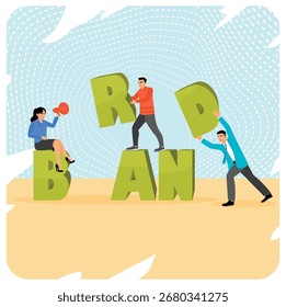 Build branding create brand awareness advertising concept. Teamwork effort where individuals assemble the word brand symbolizing teamwork and creativity in brand creation and marketing.
