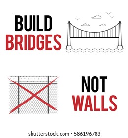 Build bridges not walls text. Creative modern poster, flyer template for march, demonstration against anti-immigration policies. Social issues on refugees or illegal immigrants