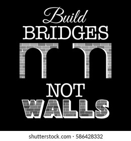 Build bridges not walls text. Creative modern poster, flyer template for march, demonstration against anti-immigration policies. Social issues on refugees or illegal immigrants