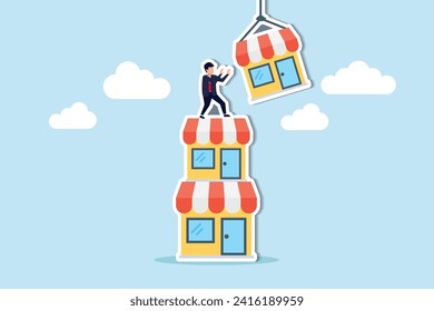 Build up business, expand or growing company empire, organization growth or ambition and effort to improve sales, extension concept, ambitious businessman build up store on top of company stack.