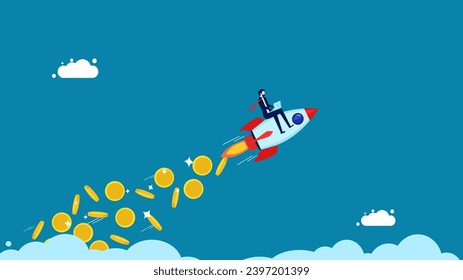 Build a business with funding sources. Rocket launches with flying coins. Vector 