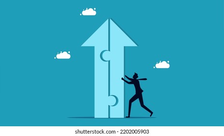 Build business growth. businessman pushing a growing arrow puzzle. vector