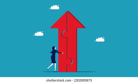 Build business growth. businesswoman pushing a growing arrow puzzle. vector