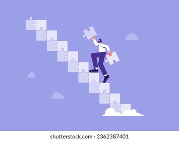 Build business success stairs, self development or career growth and job improvement, growing up or job promotion concept, businessman building ladder  from jigsaw to business growth