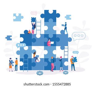 Build business, teamwork on performance, brainstorming, people connecting puzzle elements, cooperation, partnership.  Vector illustration for web banner, infographics, mobile.