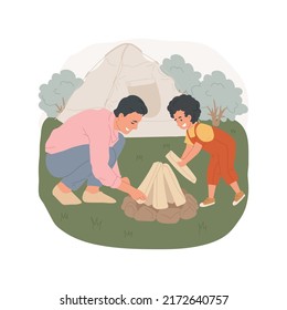 Build a campfire isolated cartoon vector illustration. Son and father making a campfire, put wood in teepee shape, building a fire place together, holiday camping activity vector cartoon.