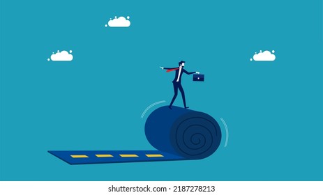 Build a career path. Start your own way. Businessman rolling the road carpet