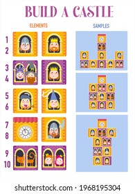 Build a castle, kids game. Set of flat pictures, stickers with characters of princess, king, queen, guardians and other elements for children to play. Vector illustration.