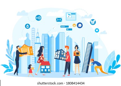 Build city building vector illustration. Cartoon flat designer people create graphic cityscape design, holding architecture buildings in hands. Architect characters team creation isolated on white