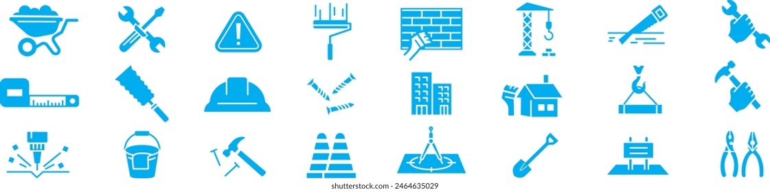 Conjunto de iconos de construcción y reconstrucción de edificios. arquitectura, edificio, grúa, casa, tierra, excavadora, mantenimiento, ingeniero, carpintero, contratista, trabajador Iconos de trazo editables colección v