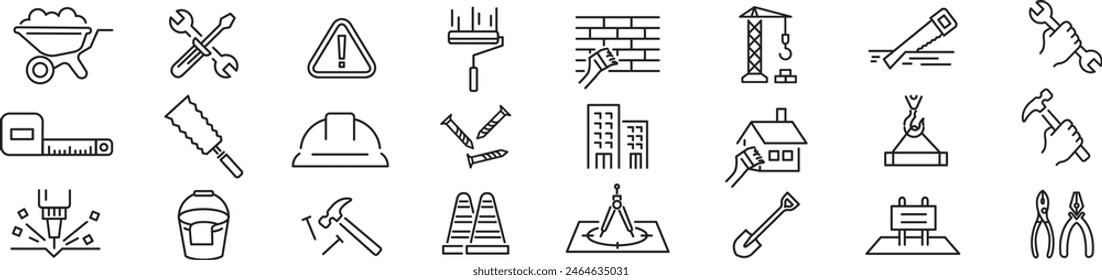 Build construction and Building reconstruction icons set. architecture, building, crane, house, land, excavator, maintenance, engineer, carpenter, contractor, worker Editable stroke icons collection v