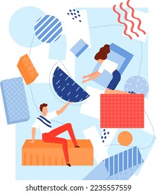 Build construction, cartoon constructor for flat man woman person, vector illustration. Young people construct build from brick
