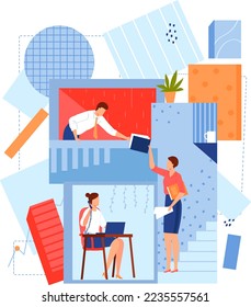 Build construction, cartoon constructor for flat man woman person, vector illustration. Young people construct build from brick