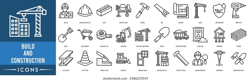 Build and Construction icon. Builder, Construction Helmet, Brick, Concrete Mixer, Hammer, Saw, Blueprint and Crane