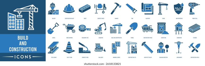 Build and Construction icon. Builder, Construction Helmet, Brick, Concrete Mixer, Hammer, Saw, Blueprint and Crane