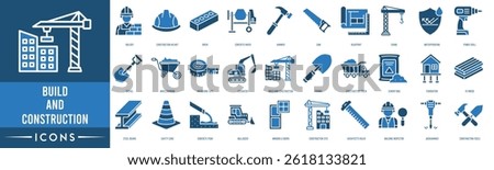 Build and Construction icon. Builder, Construction Helmet, Brick, Concrete Mixer, Hammer, Saw, Blueprint and Crane