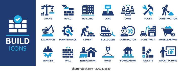 Build and construction icon element set. Containing crane, building, land, excavator, maintenance, contractor, worker, architecture and more. Solid icons vector collection. - Shutterstock ID 2209806889