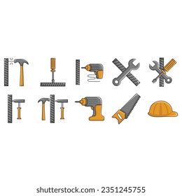 Build and construction icon element set. Containing crane, building, land, excavator, maintenance, contractor, worker, architecture and more. Solid icons vector collection.