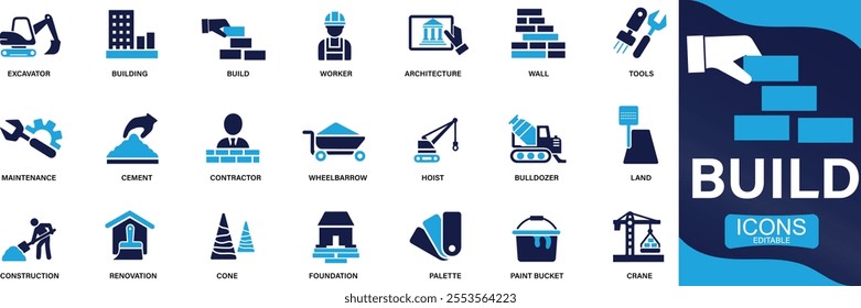 Build and construction icon set. crane, building, land, excavator, maintenance, contractor, worker, You can easily change the color