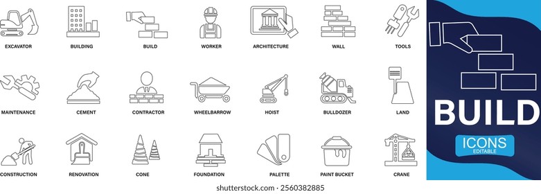 Build and construction icon set. crane, building, land, excavator, maintenance, contractor, worker, You can easily change the color
