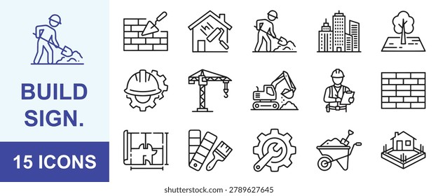 Build  and Construction Line Icon Set – Architecture, Building, Worker, Tools, Engineering, Development Editable Stroke Vector Icons Collection
