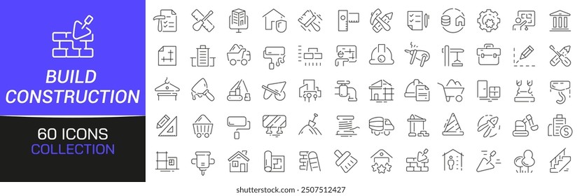 Colección de iconos de líneas de construcción y construcción. Paquete de iconos de contorno delgado. COLECCIÓN de iconos de interfaz de usuario. Conjunto de pictograma de Web de línea