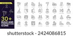 Build and construction stroke icon set. Containing crane, building, land, excavator, maintenance, contractor, worker, architecture and more. Editable outline icons vector collection.