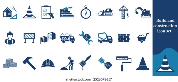 Build and construction stroke icon set. Containing crane, building, land, excavator, maintenance, contractor, worker, architecture and more. Editable outline icons vector collection