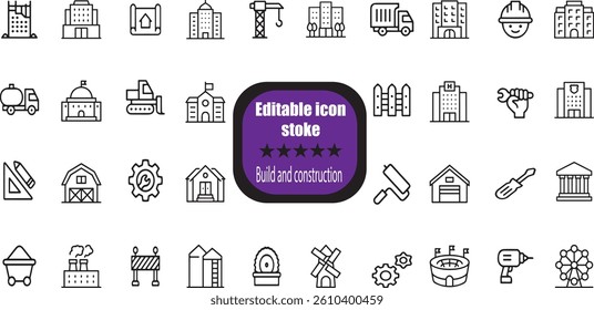 Build and construction stroke icon set. Containing crane, building, land, excavator, maintenance, contractor, worker, architecture and more