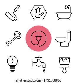 Build and Construction Work icons. Thin line Icons Set consisting of Roller, Hand, Bathroom, Build, Key, Socket, Plug, Toilet, Slipper, Electricity, Water, Brush, Paint. Build set icons. Editable icon